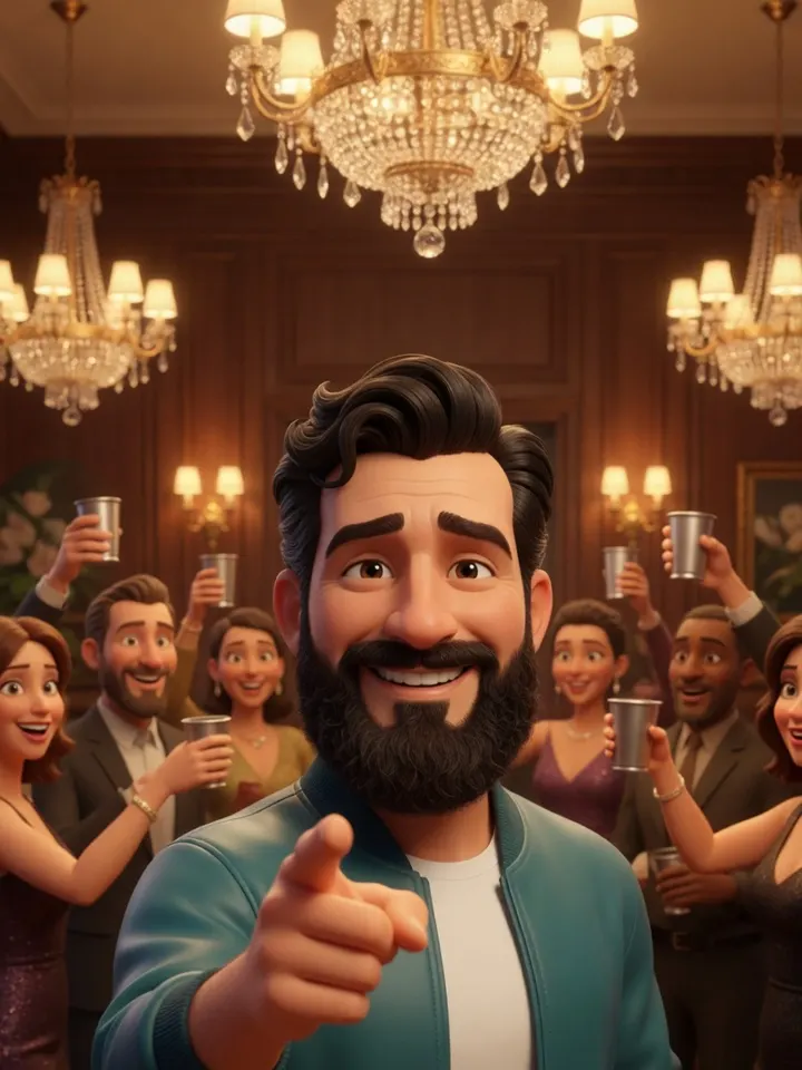 Cartoon character in the Burning Bridges AI party scene